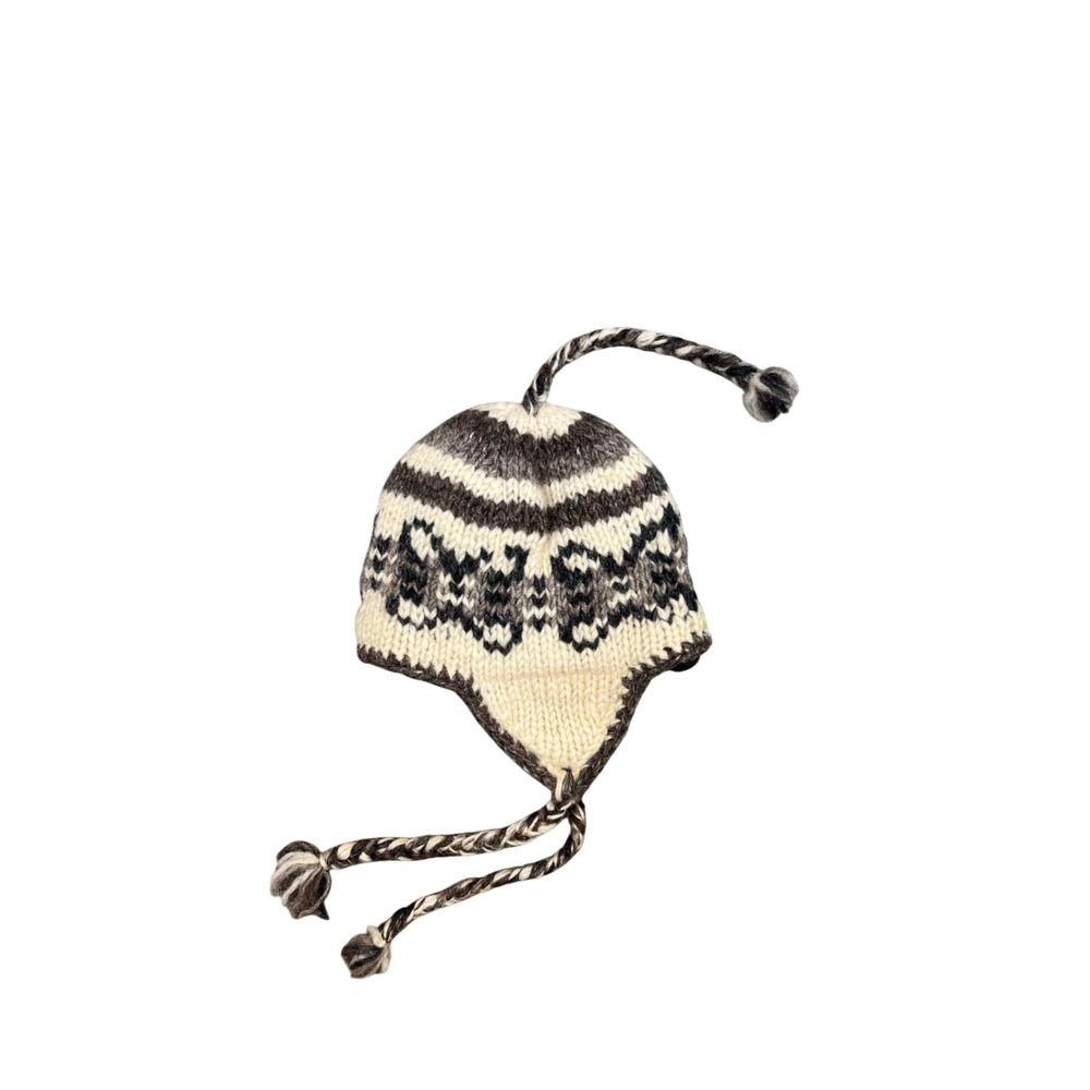 Baby Hand Knit 100% Wool Fleece Lined Earflap Hat Fair Isle Winter Beanie Brown